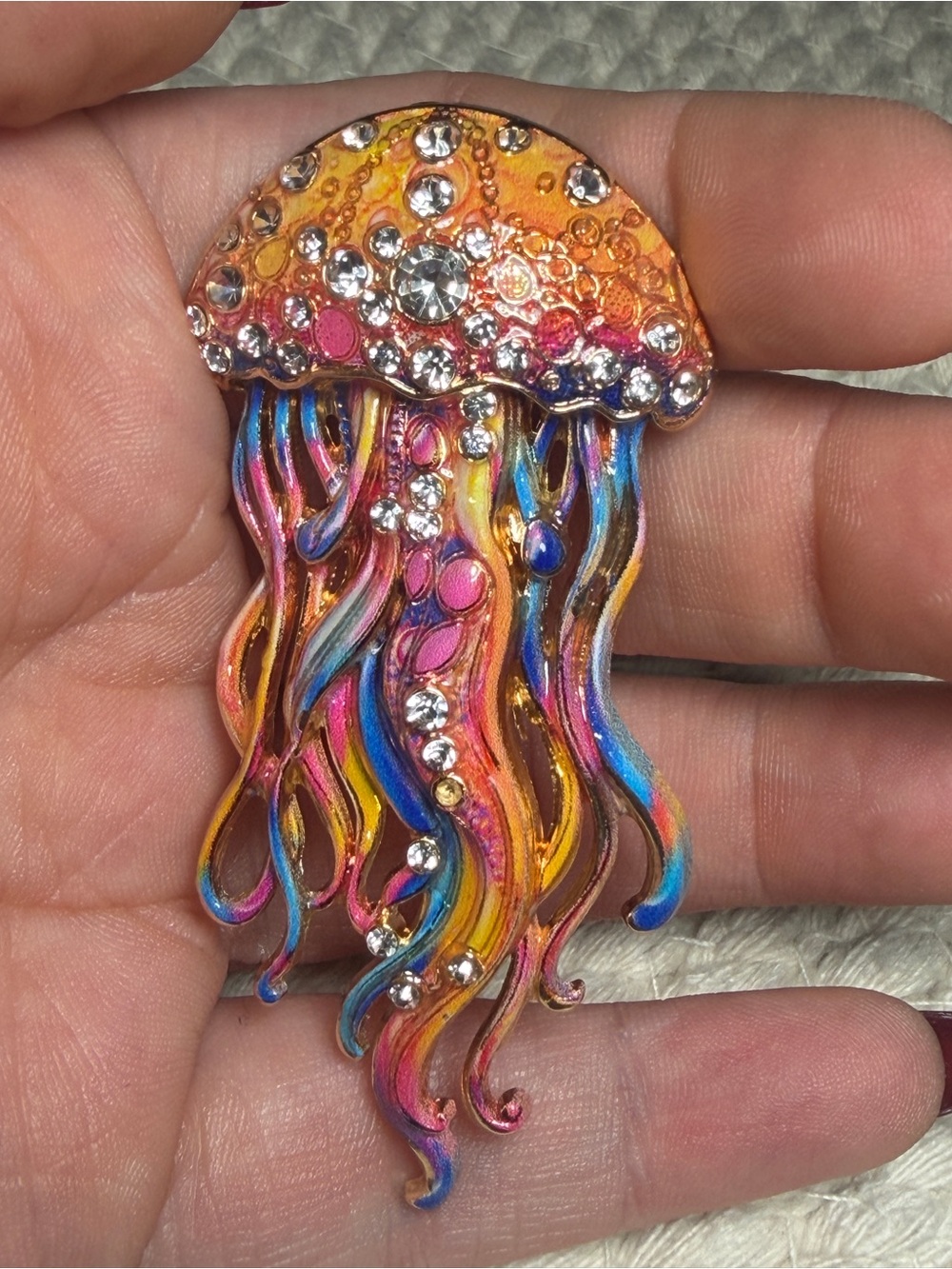Jellyfish Brooch Colorful Rhinestone Rainbow Enamel Statement Pin 2.75 inches
